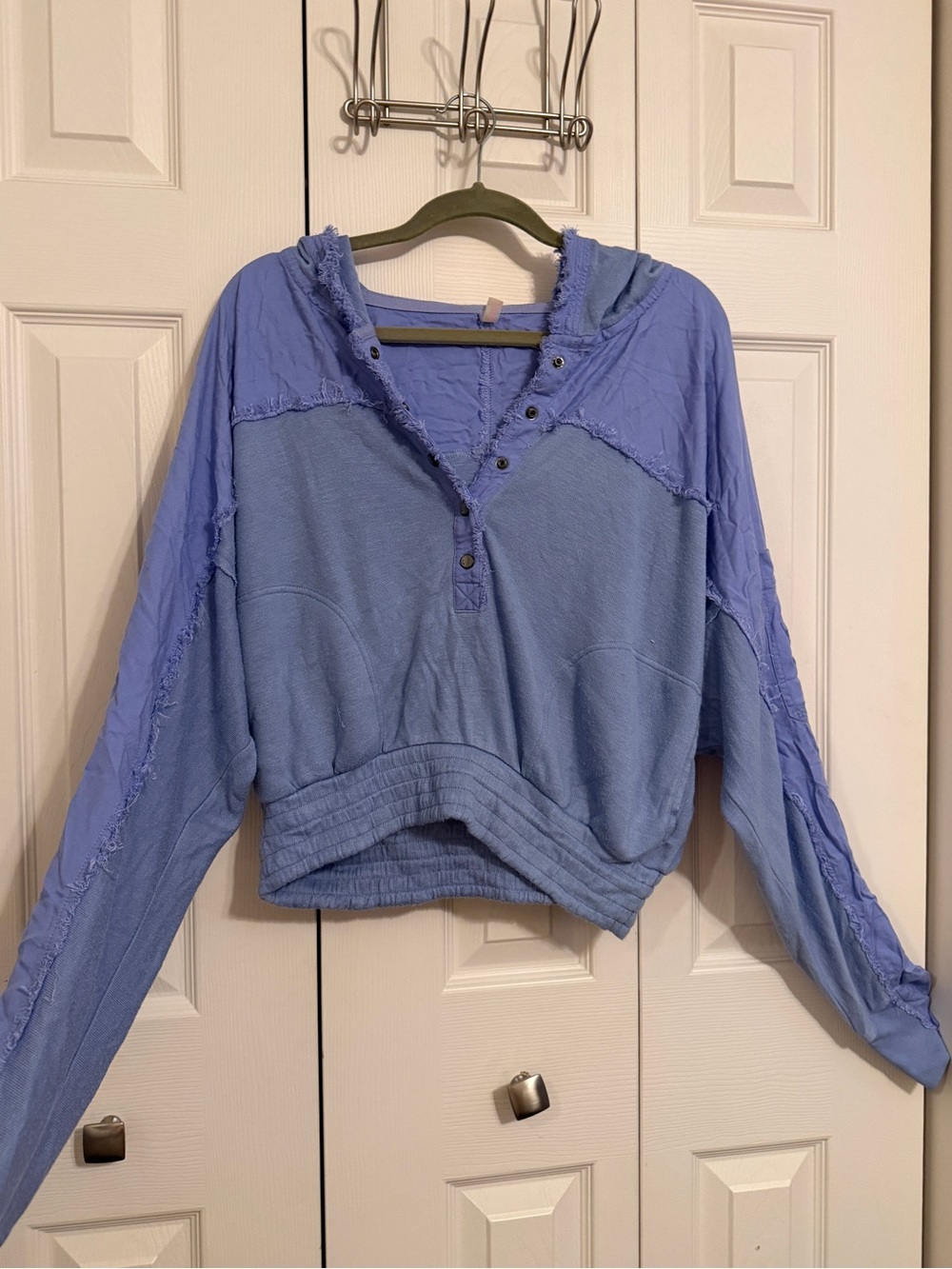 Free People Movement Blue Cropped Hoodie Size S Raw Seam Oversized Pullover